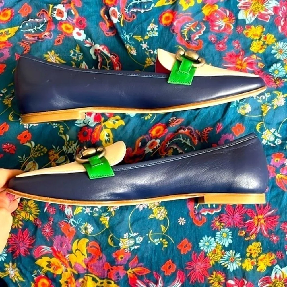 Brand New Ferca 81 Genuine Leather Ivory Blue Green Slip On Flats Buckle Loafers